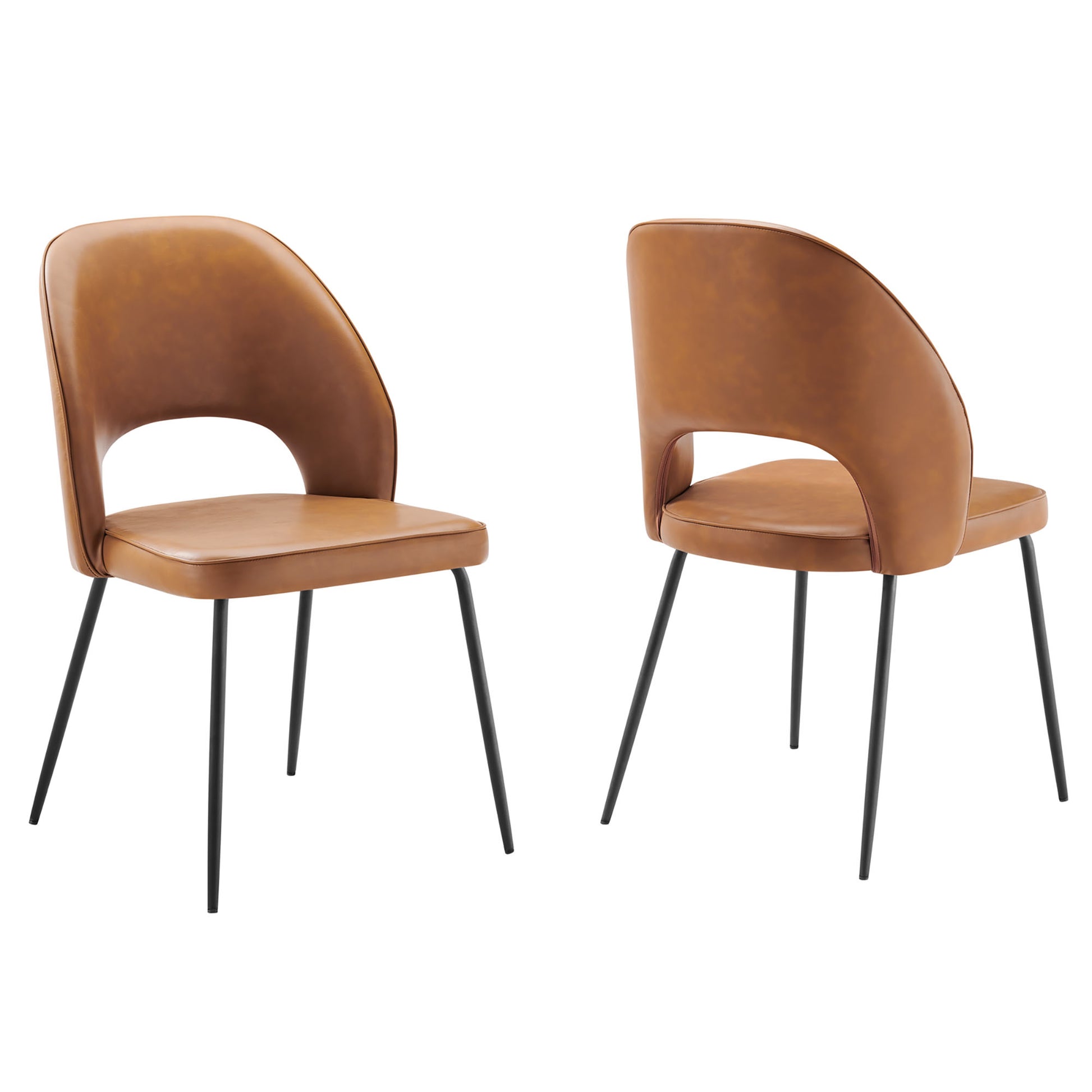 Pair of tan vegan leather upholstered dining chairs with curved back and slim black metal legs.