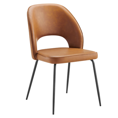 Tan vegan leather dining chair with curved back, slim black metal legs.