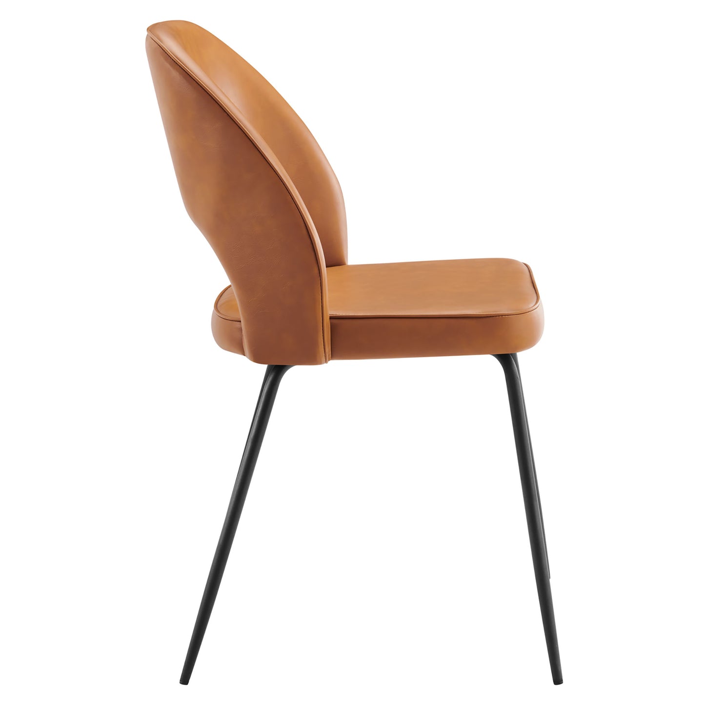 Tan leather armless chair with curved back and slender black metal legs.