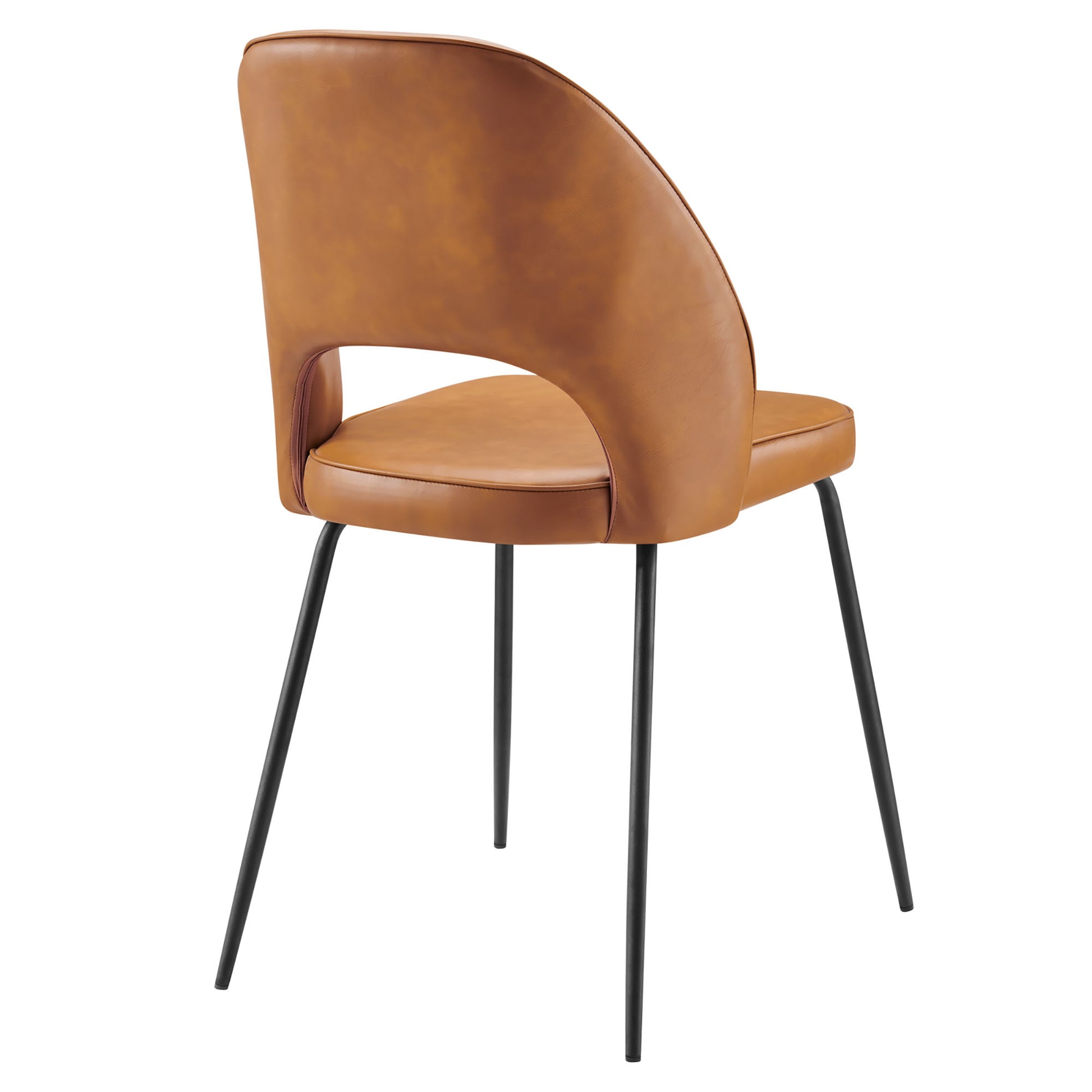 Tan vegan leather dining chair with curved back, open side cutout, padded seat, and slim black metal legs.