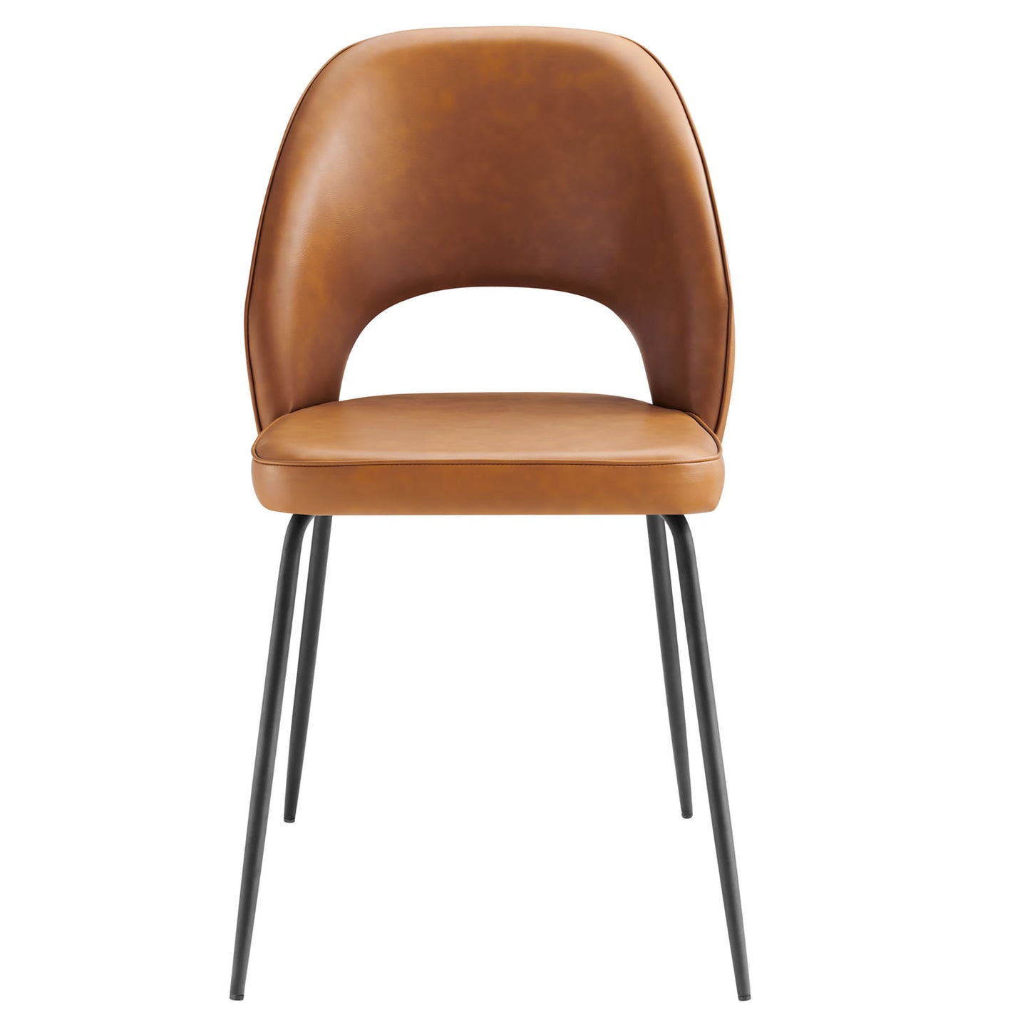 Tan vegan leather dining chair with a rounded open-back silhouette and slim black metal legs.