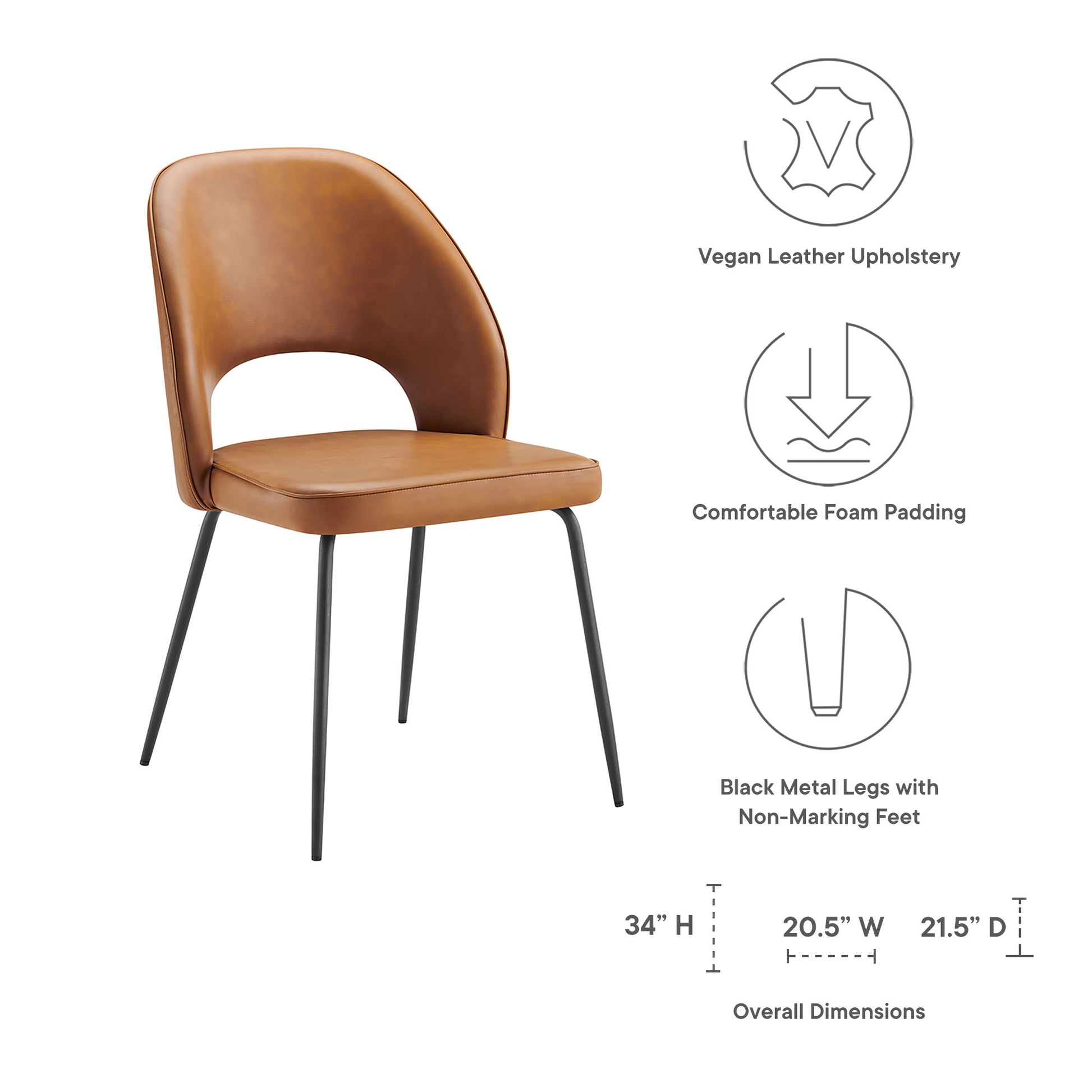 Tan vegan leather upholstered chair with curved back, foam padding, black metal legs with non-marking feet.