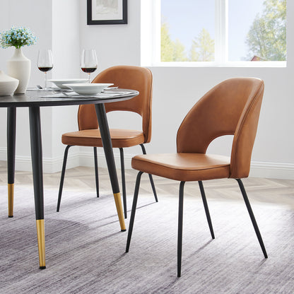 Pair of brown vegan leather dining chairs with gold-tipped legs, modern minimalist dining set.
