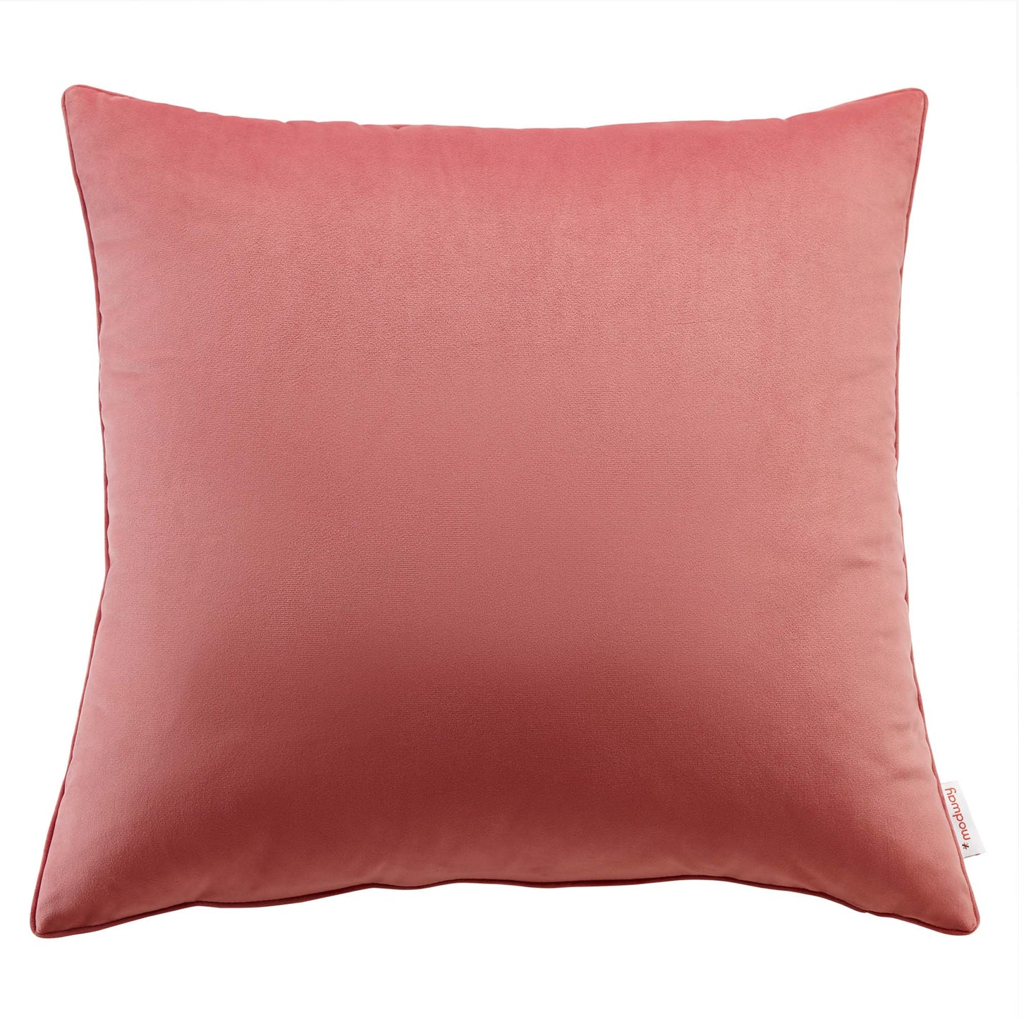 Coral pink square velvet throw pillow with soft plush fabric.