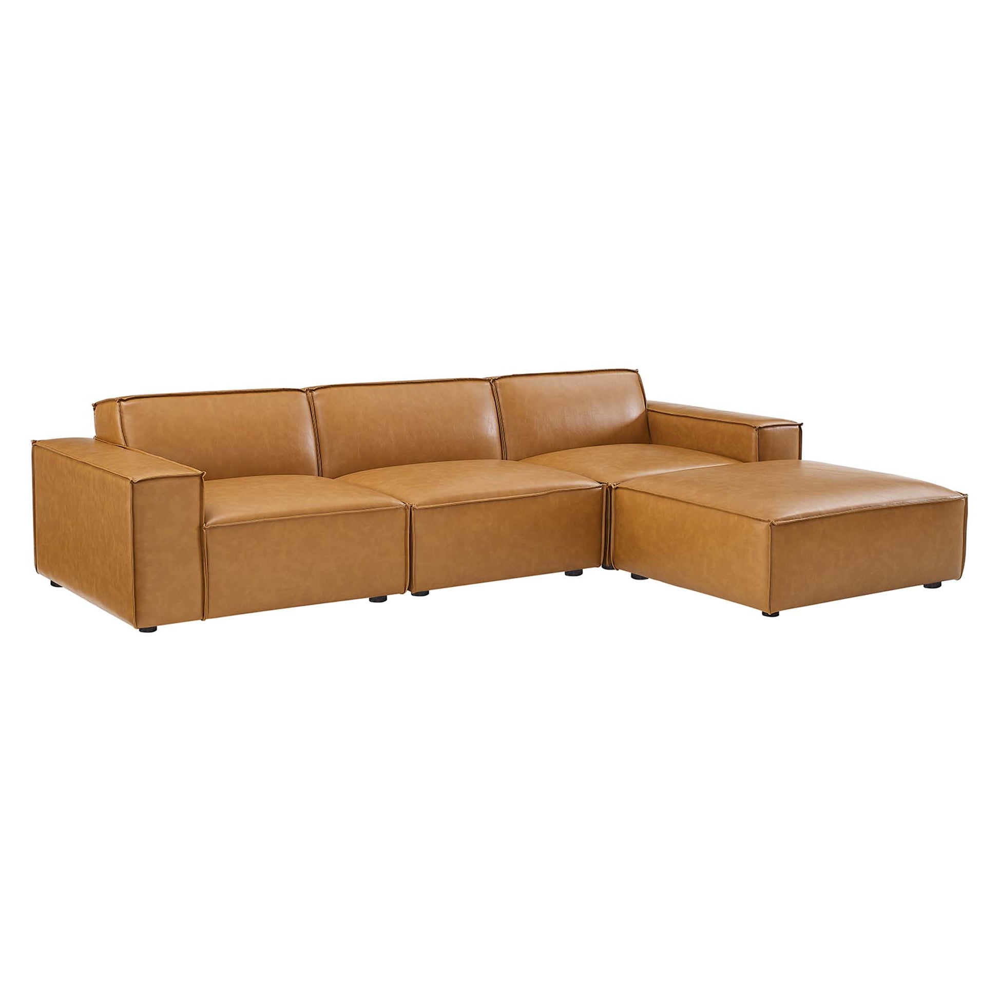 Tan vegan leather L-shaped sectional sofa with chaise on the right, square cushions and low arms.