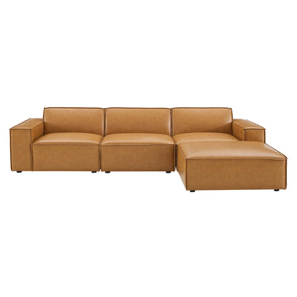 Tan vegan leather sectional sofa with a three-seat middle and a right chaise, low-profile arms and neat stitching.