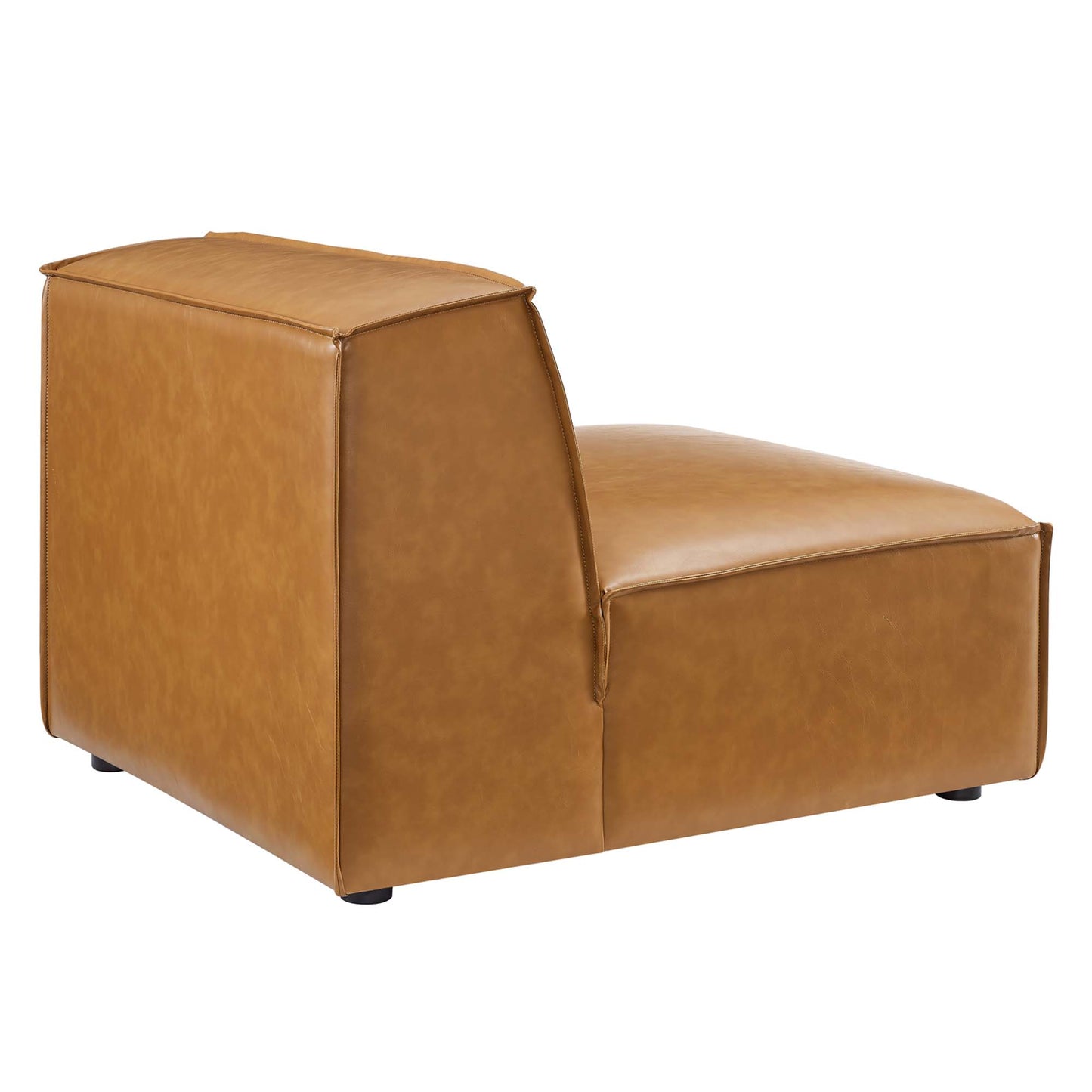 Tan vegan leather sectional sofa with a boxy back panel and cushioned seats; modern, compact, contemporary style.