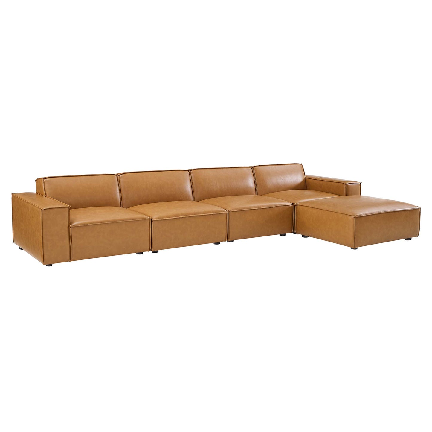 Tan vegan leather modular sectional with five pieces (four seats and right-side chaise) and modern low-profile arms.