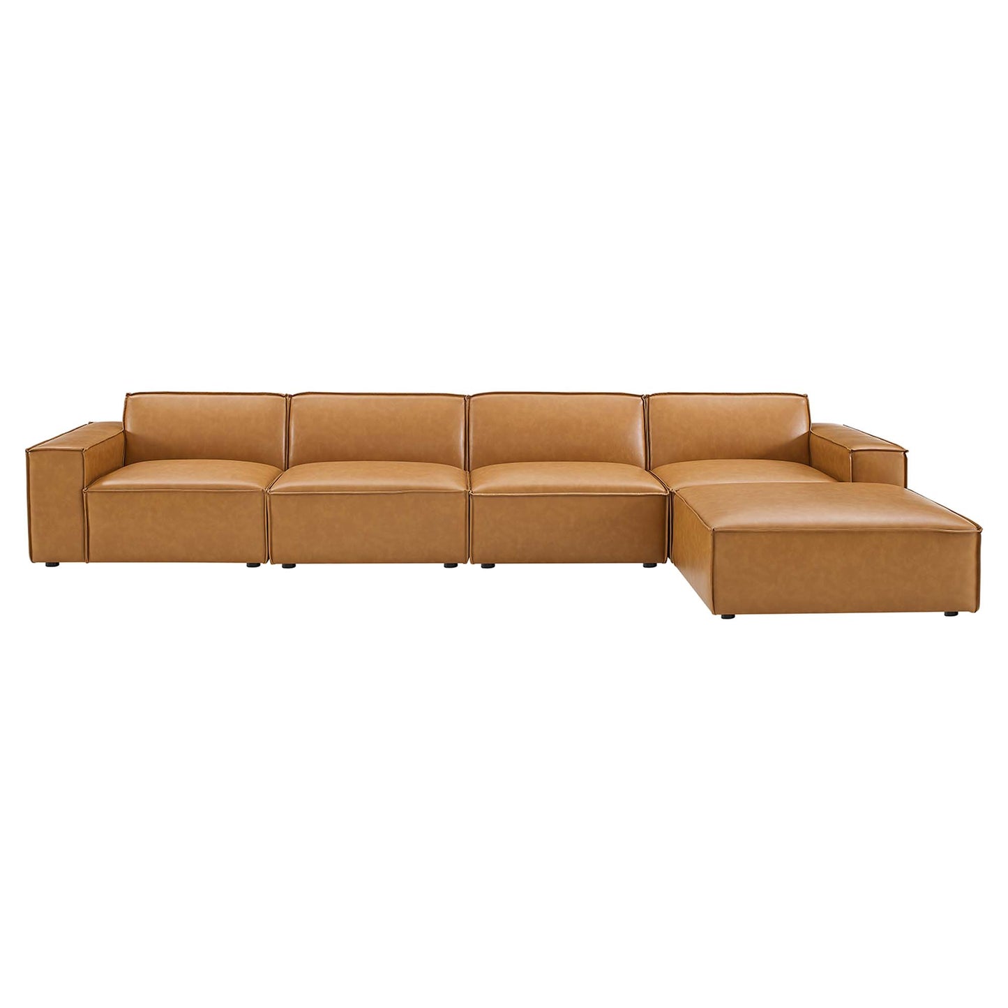 Tan vegan leather sectional sofa with right chaise, square arms, modular low-profile design for modern living rooms.