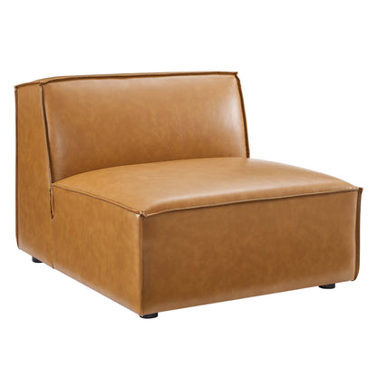 Tan vegan-leather sectional sofa (5-piece) with low back, roomy cushioned seats, squared edges and short black legs.