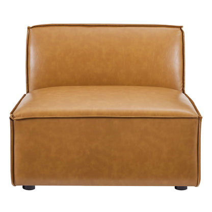 Tan vegan-leather sectional sofa with tall rectangular back, wide cushioned seats, and low black legs.