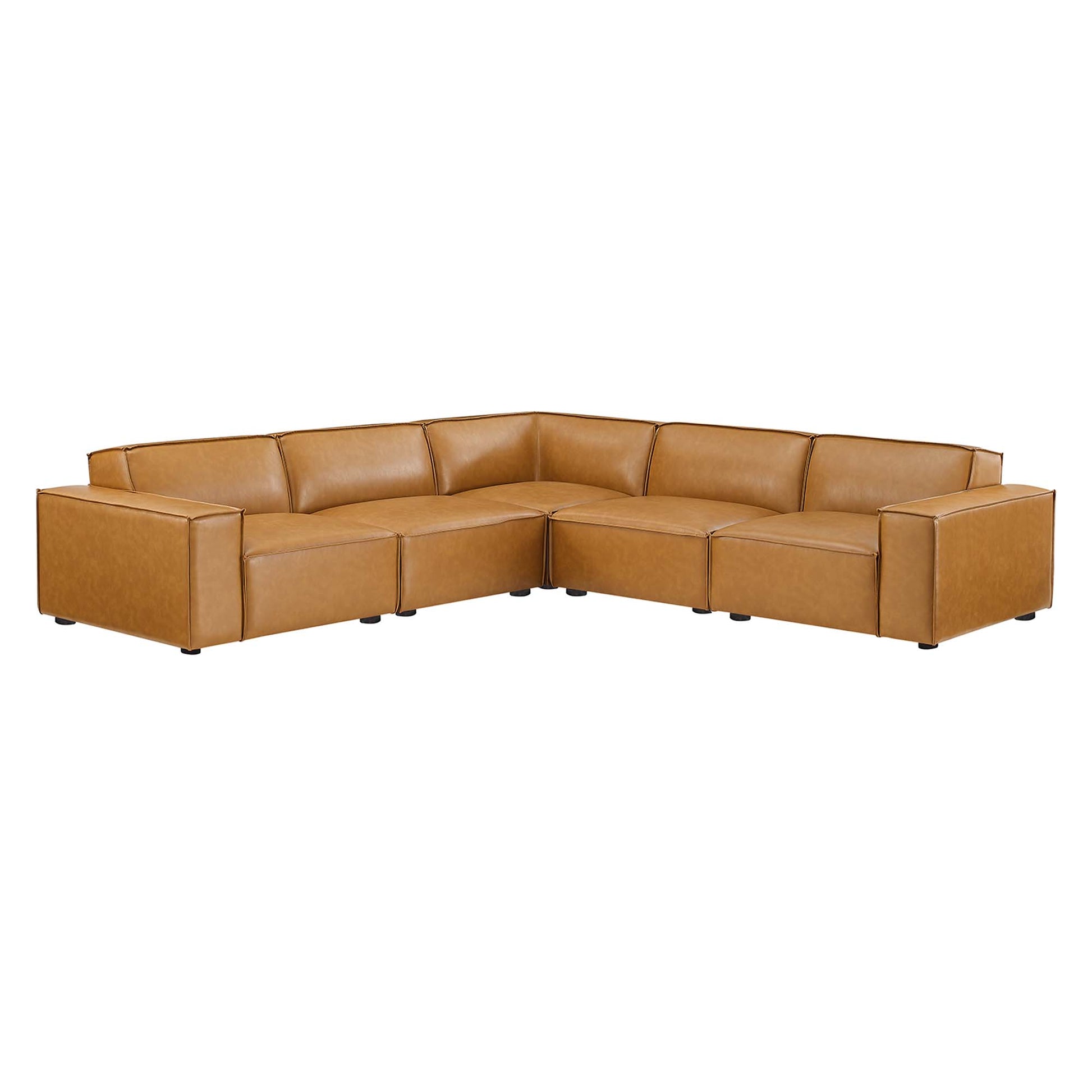 Tan leather modular sectional sofa in an L-shape with squared arms and low legs.