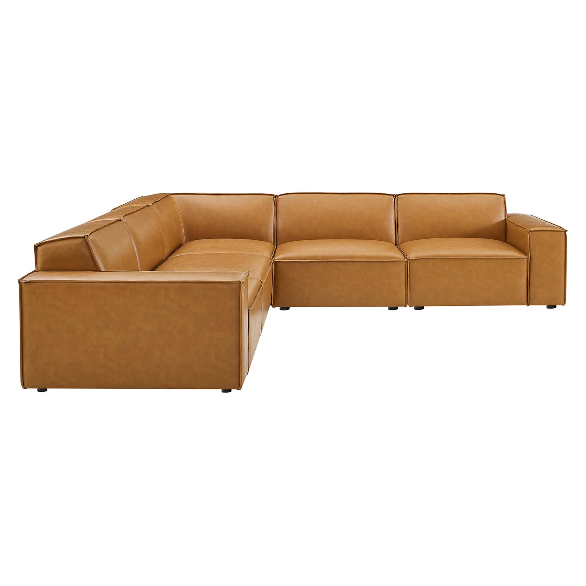Tan vegan leather sectional sofa in an L-shaped configuration with a left chaise, low-profile square arms, and stitched cushions.
