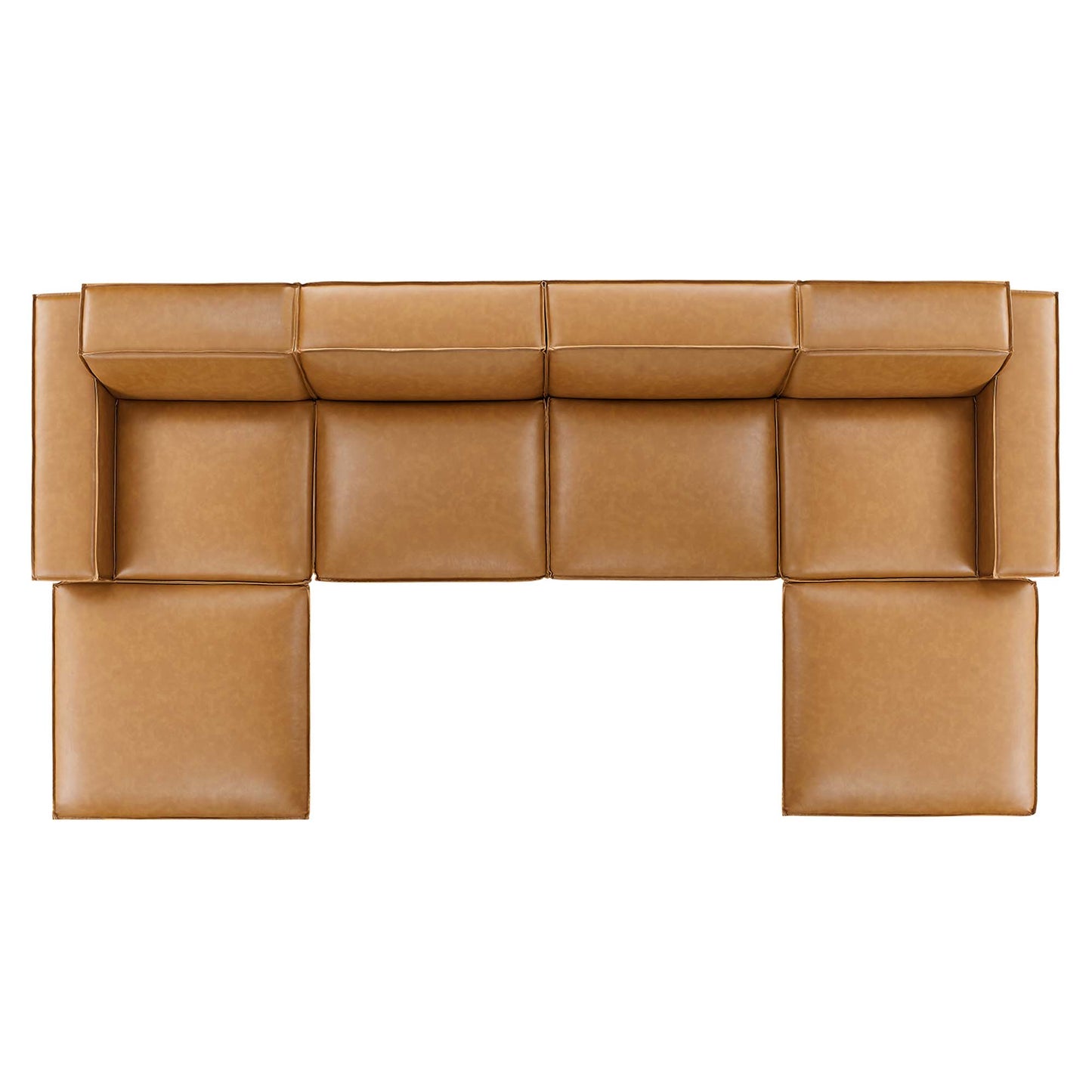 Tan vegan leather 6-piece modular sectional with square cushion modules in a low-profile, U-shaped sofa layout