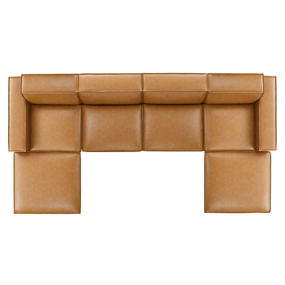 Tan vegan leather 6-piece modular sectional with square cushion modules in a low-profile, U-shaped sofa layout
