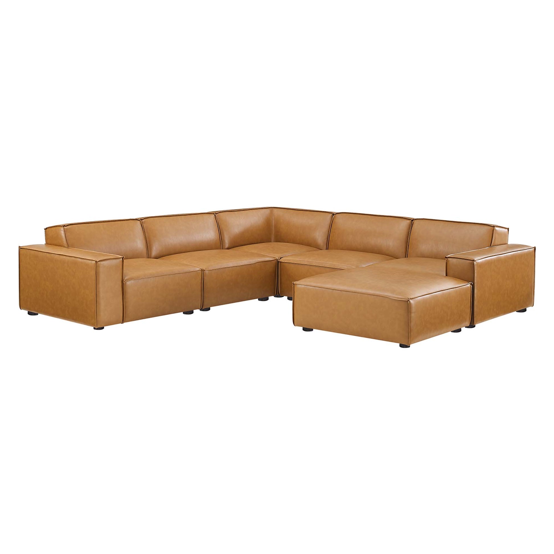 Tan vegan leather 6-piece sectional sofa in an L-shaped layout with a right-side chaise, low square arms, contemporary modular design.