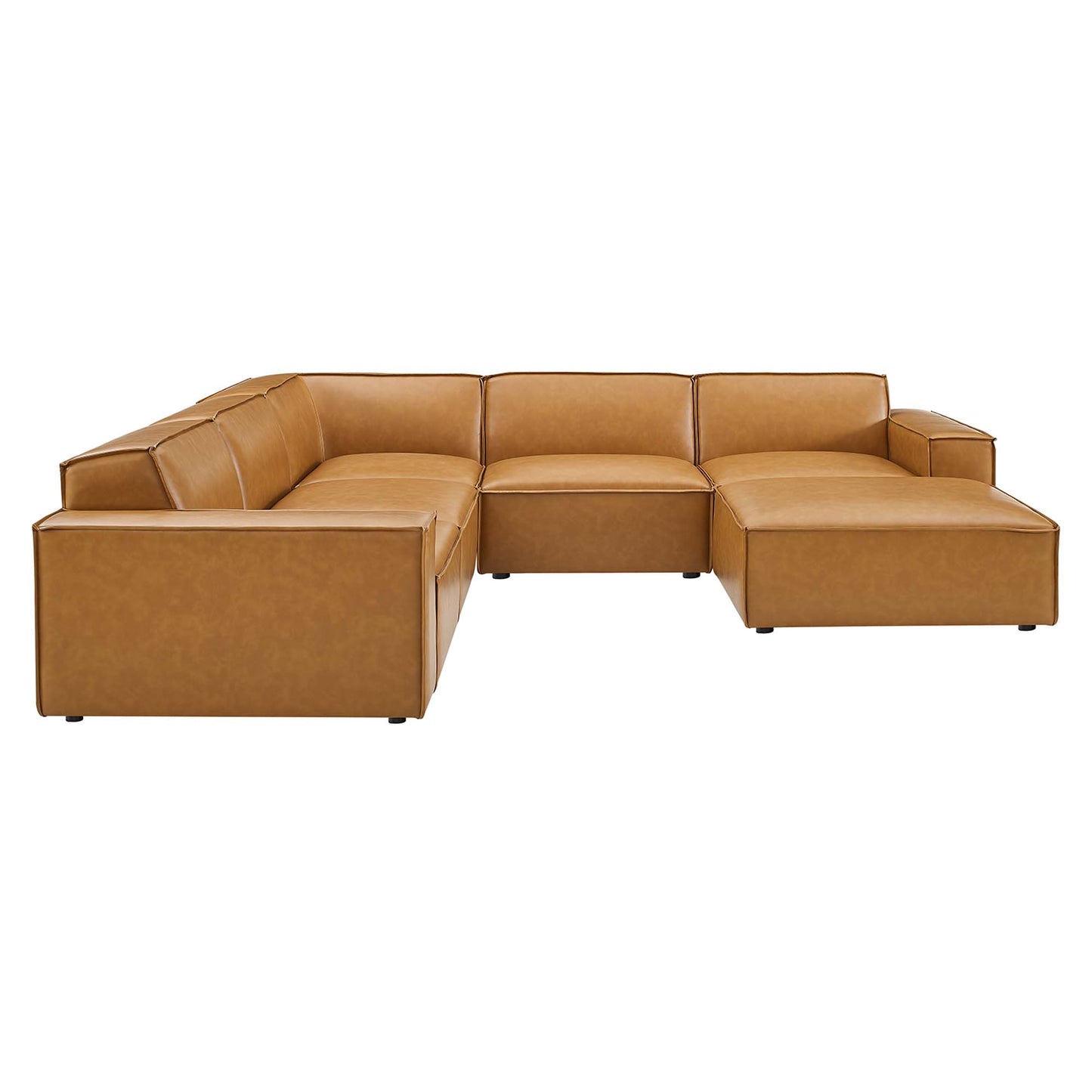 Tan vegan leather modular sectional sofa with chaise, low-profile legs and plush cushioned seats.