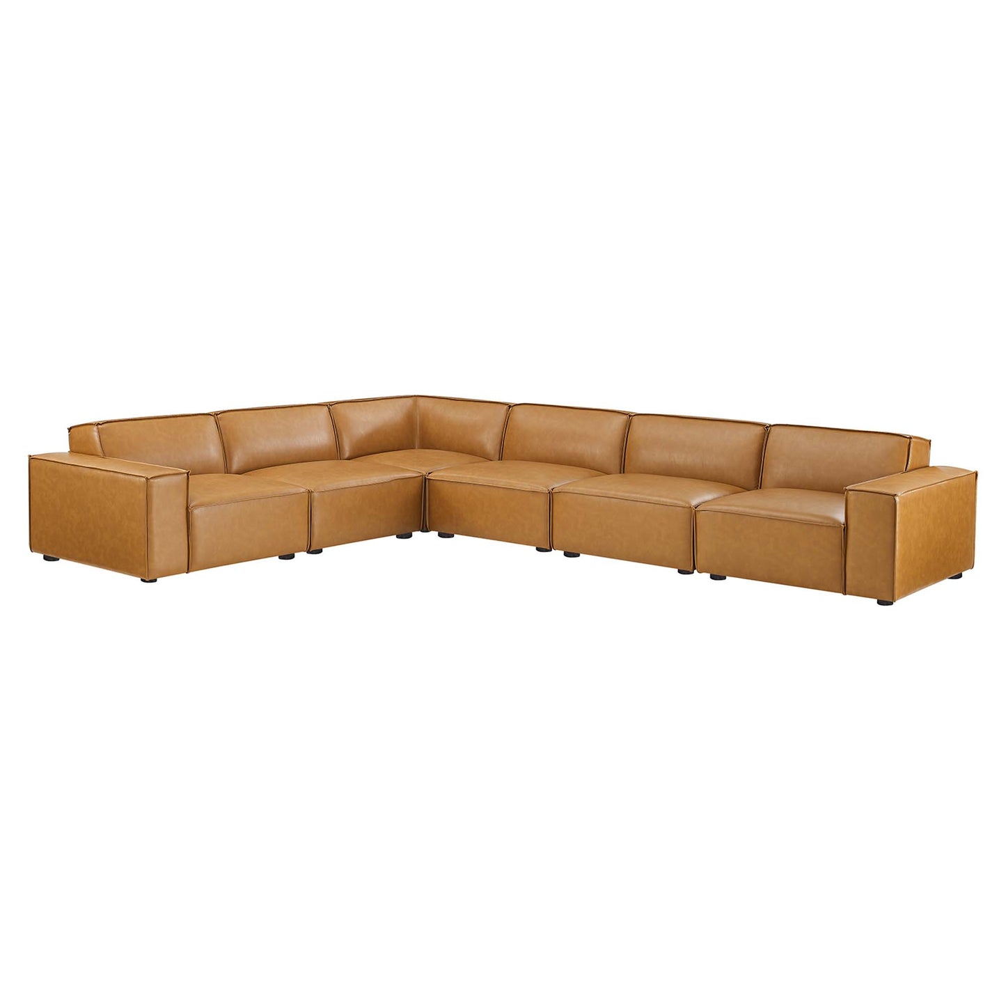 Tan vegan leather modular sectional in an L-shaped layout with low-profile arms and cushioned seats.