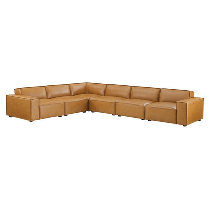 Tan vegan leather modular sectional in an L-shaped layout with low-profile arms and cushioned seats.