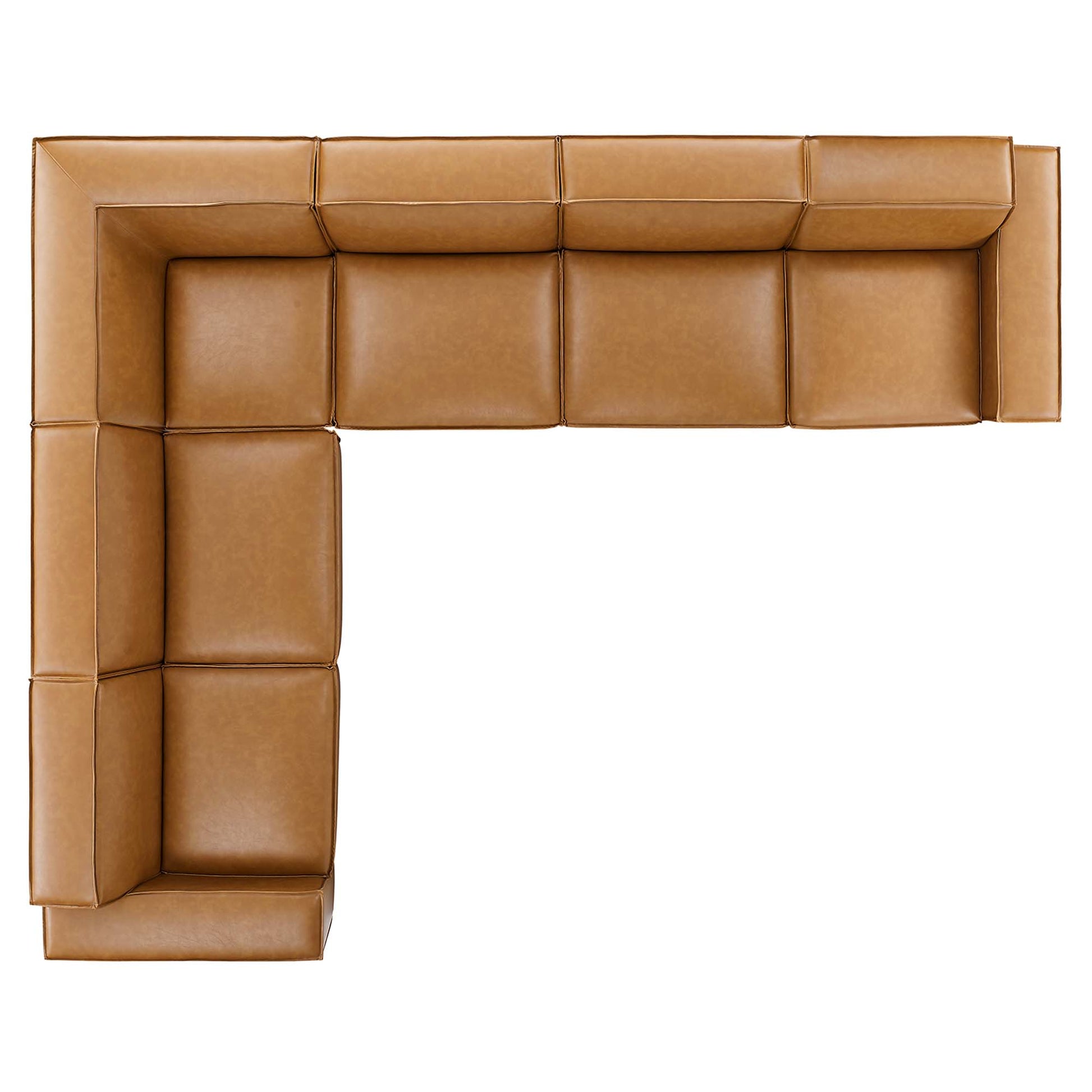 Tan vegan leather modular L-shaped sectional sofa with square cushioned seats and stitched seams.