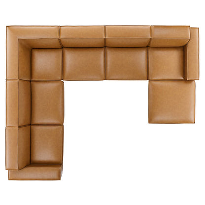 Tan faux-leather modular sectional in an L-shaped layout with square cushioned modules.