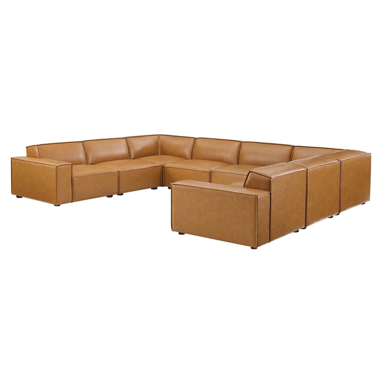 Tan vegan leather sectional sofa in an L-shaped layout with low-profile arms and modular sections.