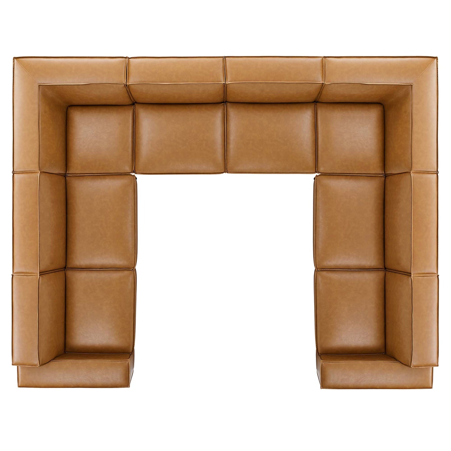 Tan vegan leather sectional sofa with padded cushions along all sides, forming a large U-shaped seating.