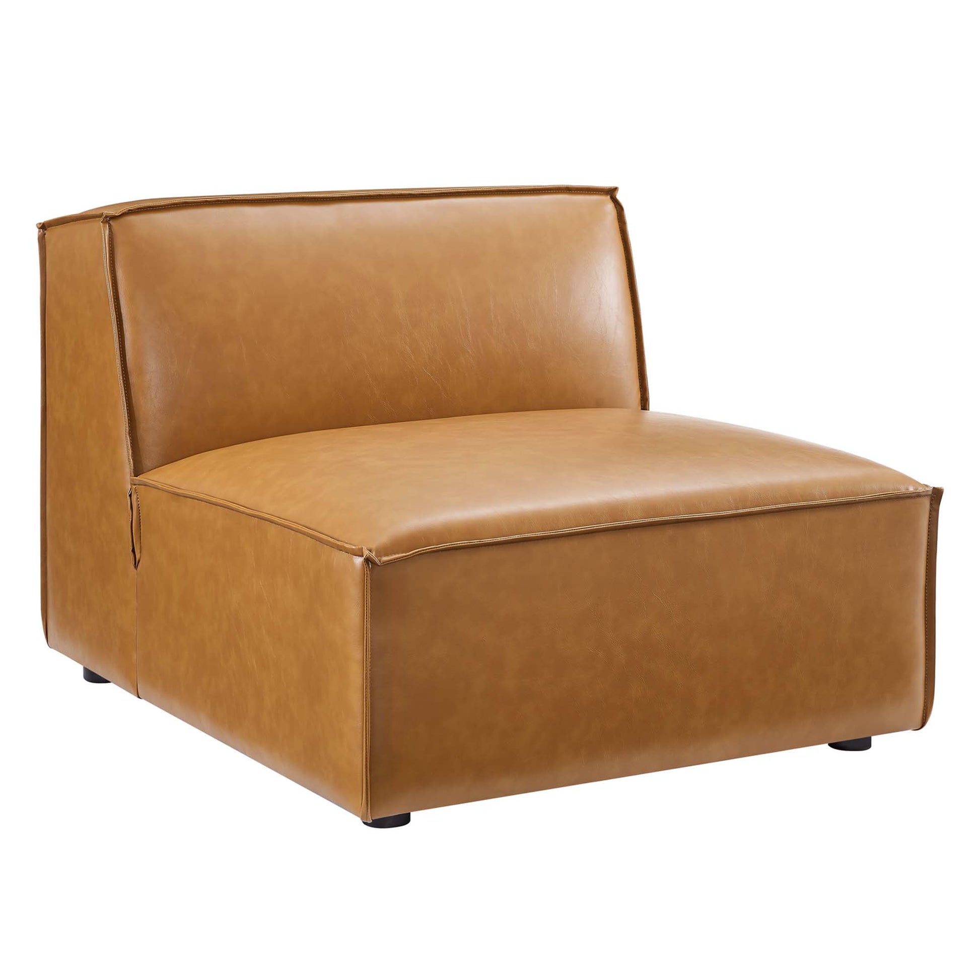 Tan vegan leather sectional sofa with a boxy, modern design; padded seats and back cushions, stitched edges.