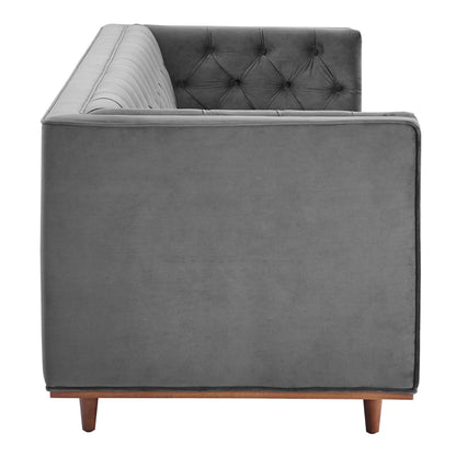 Grey velvet sofa with tufted backrest, straight sides and wooden legs; mid-century modern living room seating