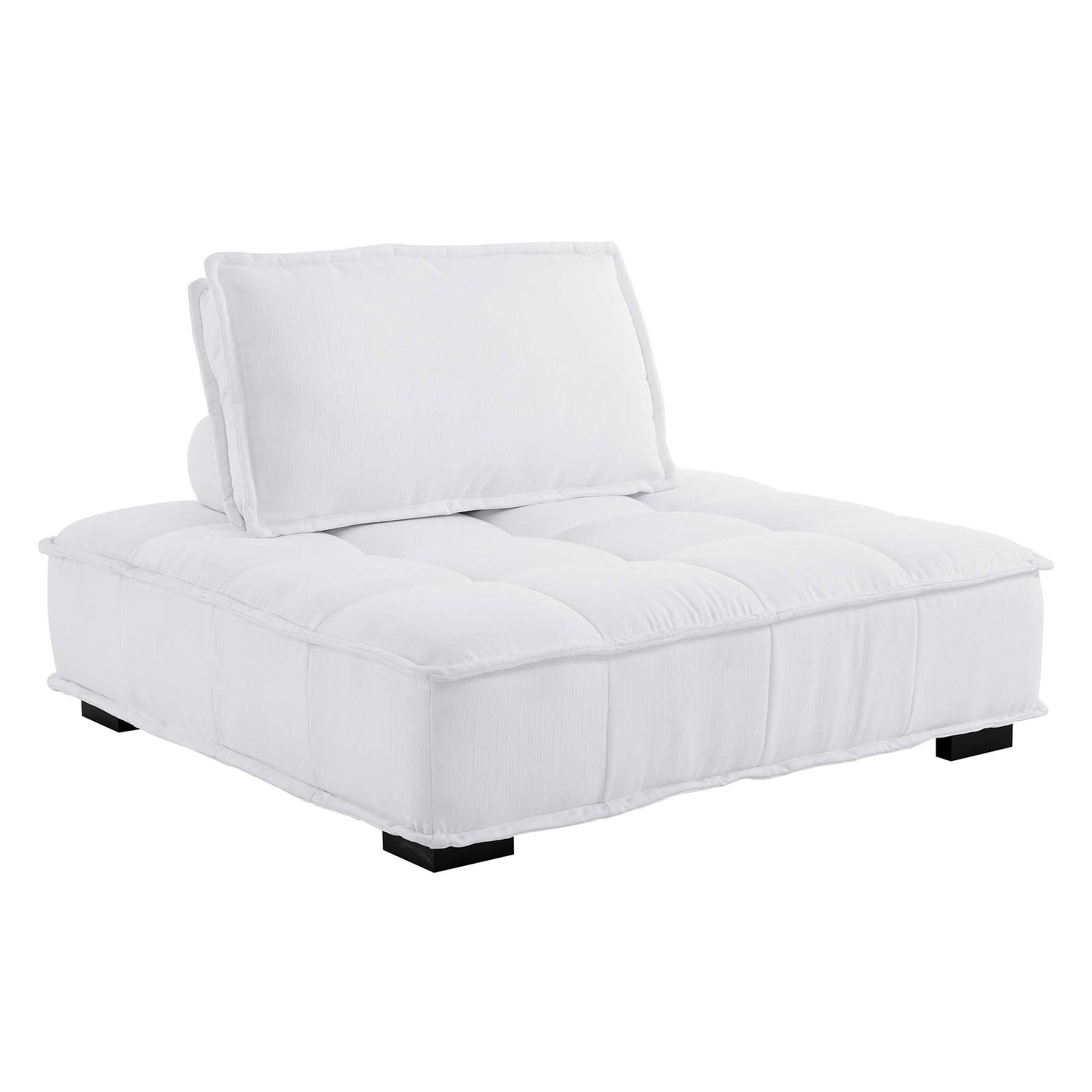 White tufted fabric armless chair with a back cushion and black square legs