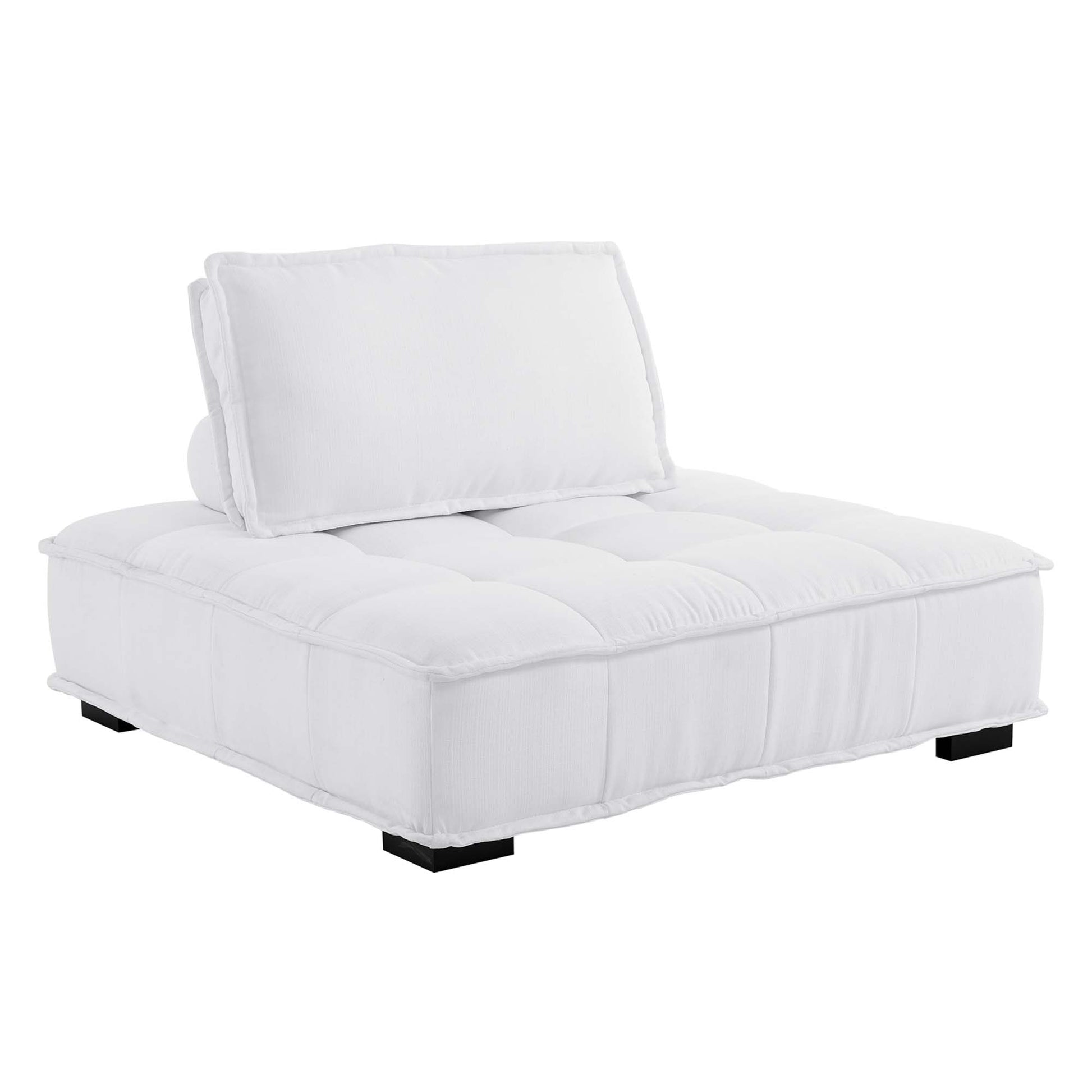 White tufted fabric armless chair with a back cushion and black square legs