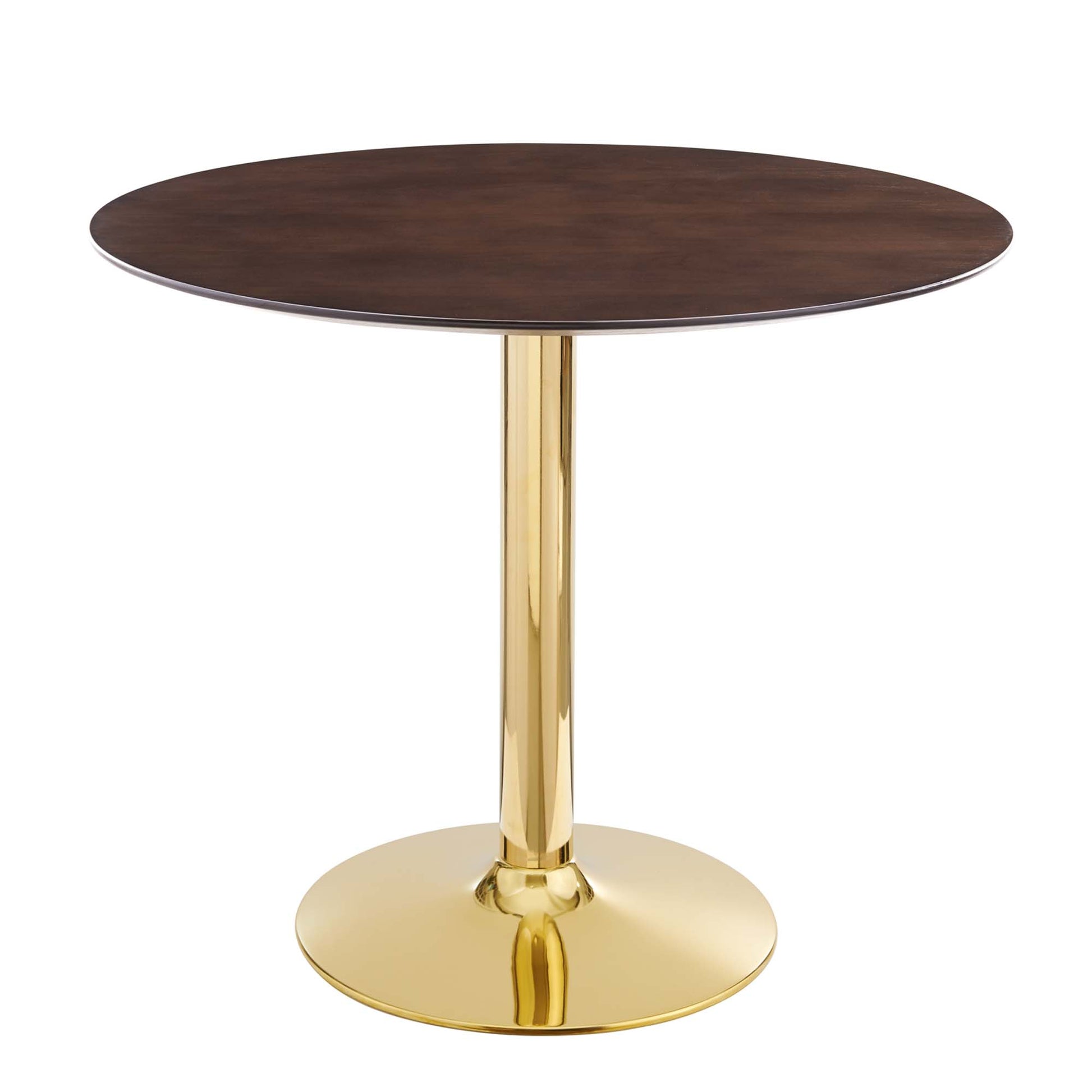 Round dark wood tabletop on a tall gold metal pedestal with a circular base.