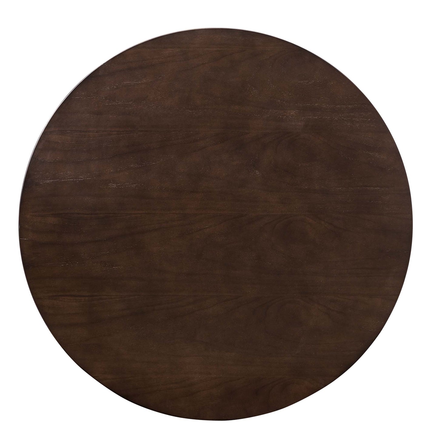 Round dark walnut wood tabletop with rich grain and smooth glossy finish.