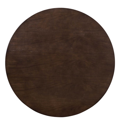 Round dark walnut wood tabletop with rich grain and smooth glossy finish.