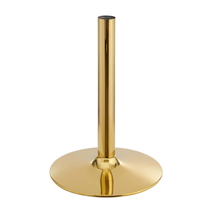 Gold-tone metal dining table with a circular pedestal base and a tall cylindrical pedestal.