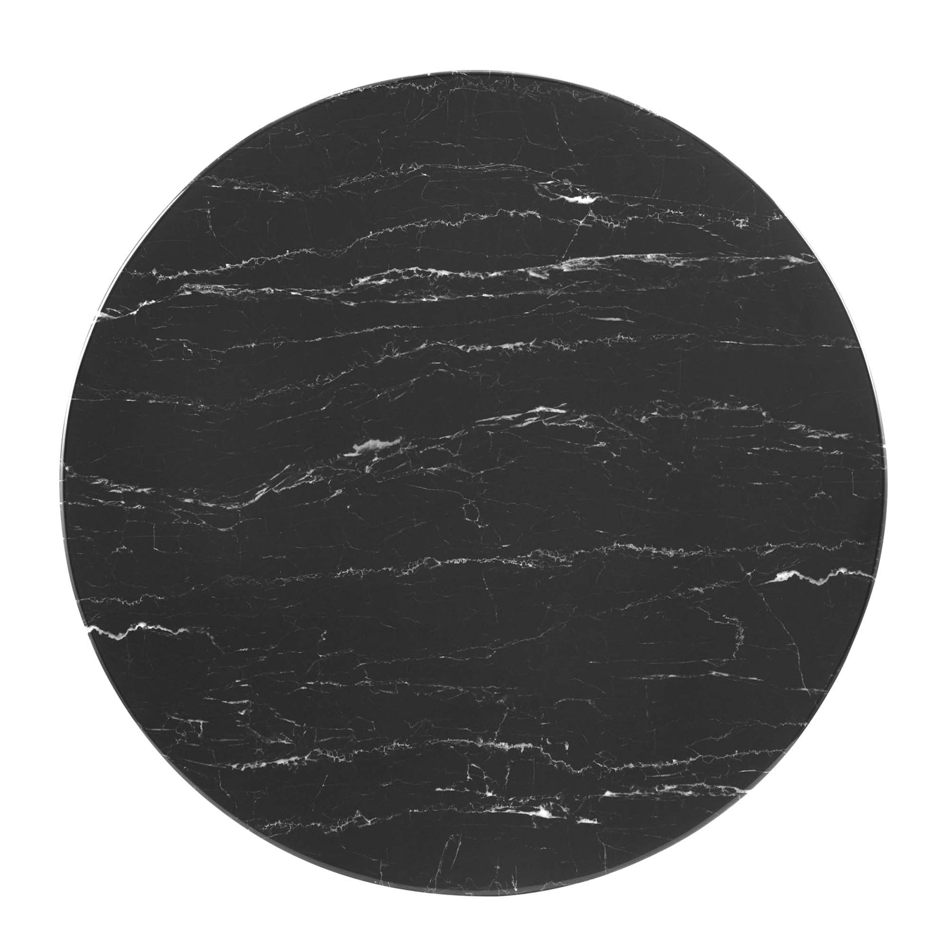 Round black artificial marble dining table top with white veining; glossy, modern surface.