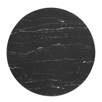 Round black artificial marble dining table top with white veining; glossy, modern surface.