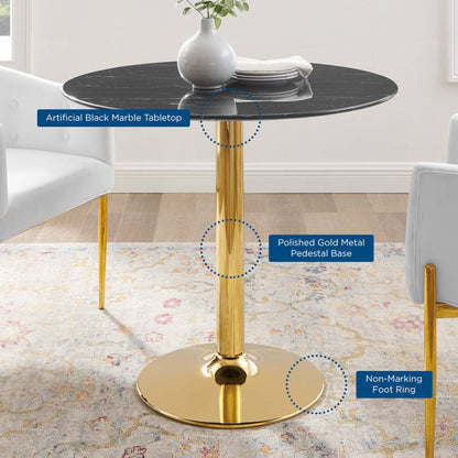 Round artificial black marble tabletop atop a polished gold pedestal base & circular foot ring.