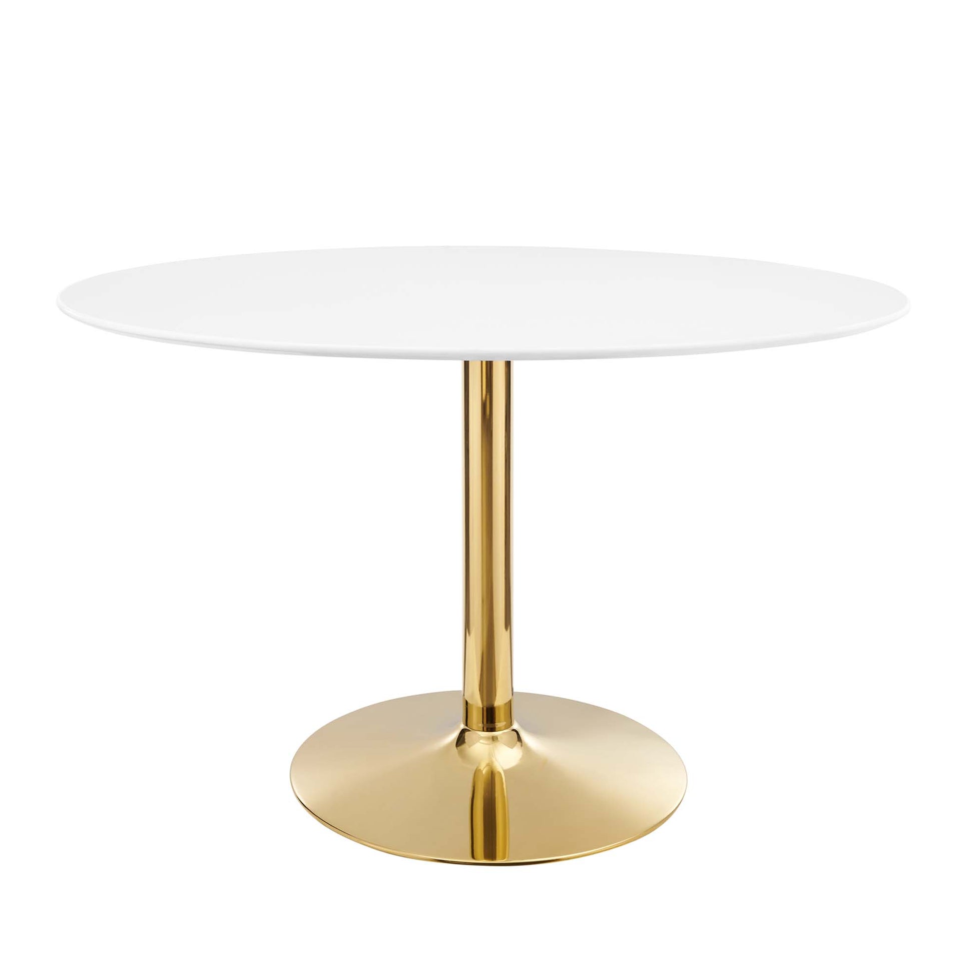 Oval white dining table with a gold glossy pedestal stem and circular base.