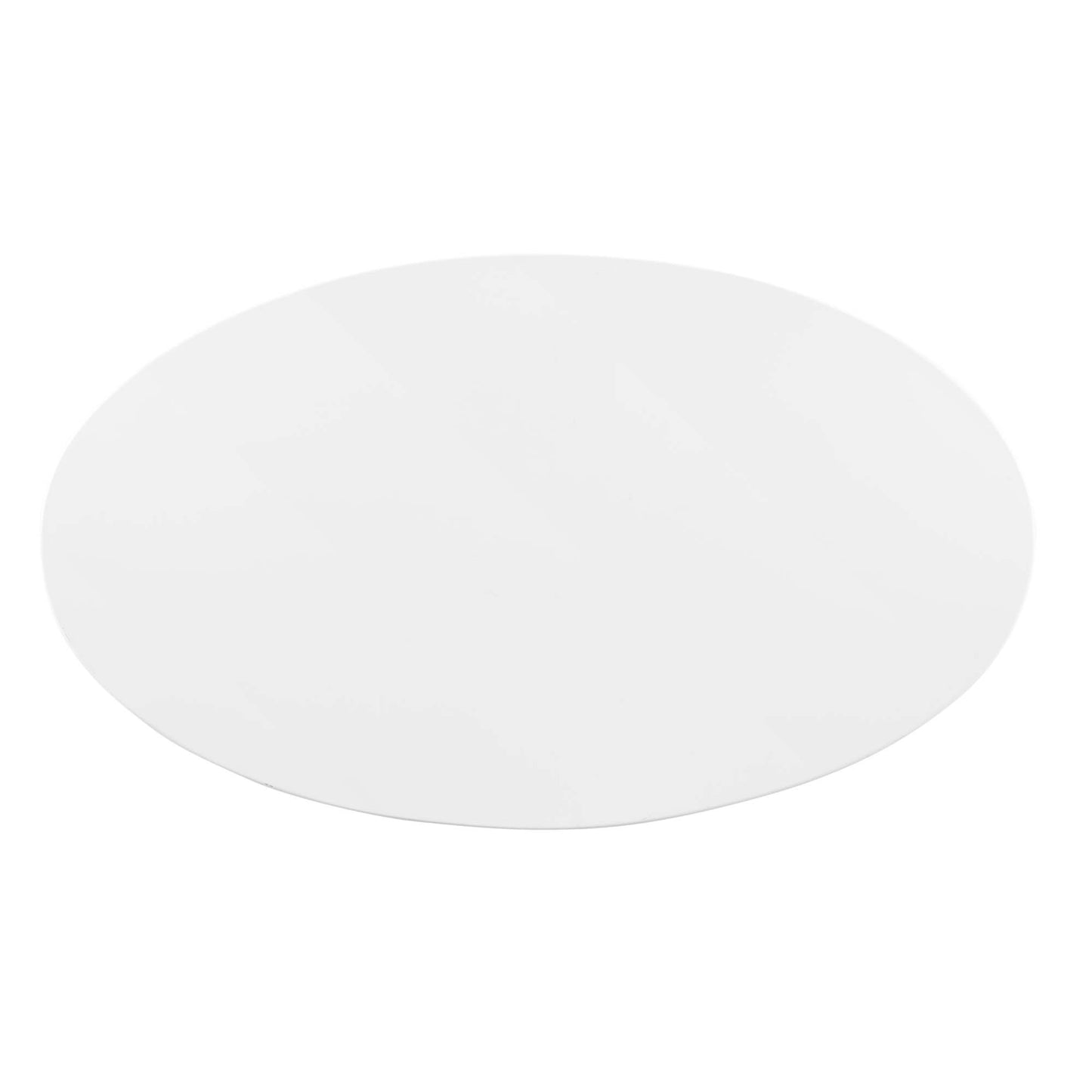 White oval dining table with a smooth edge, minimalist design.