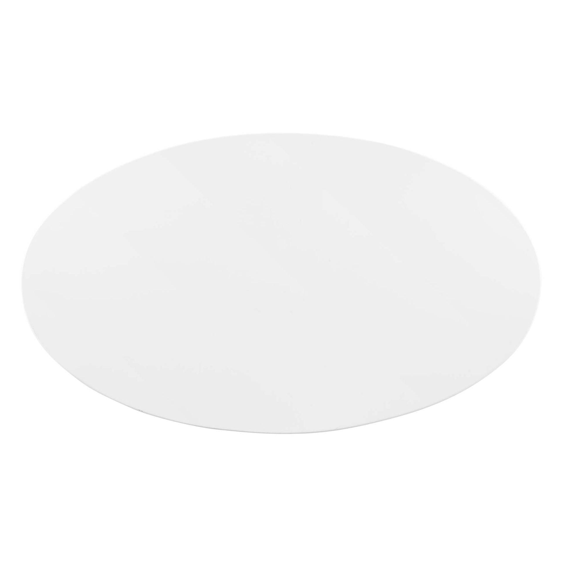 White oval dining table with a smooth edge, minimalist design.