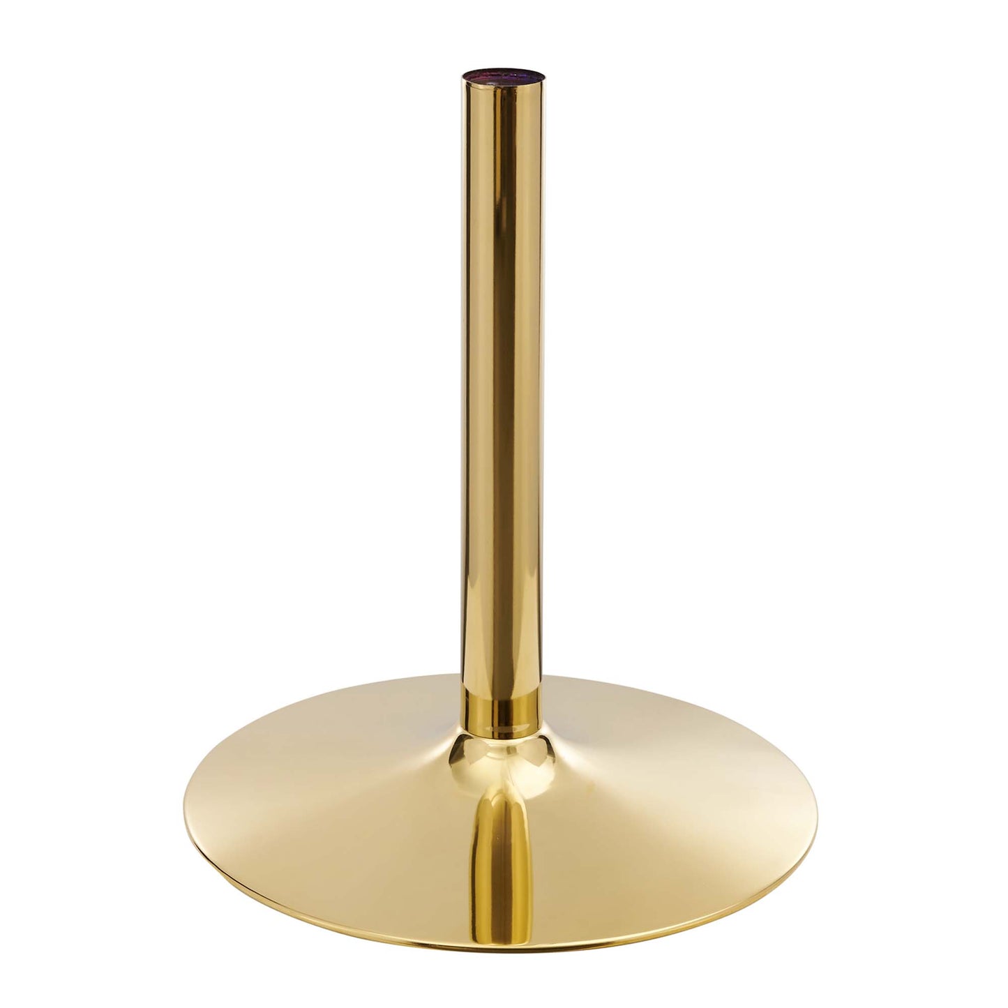 Gold-tone metal base with circular pedestal and tall cylindrical stem supporting a white 48" oval dining table.
