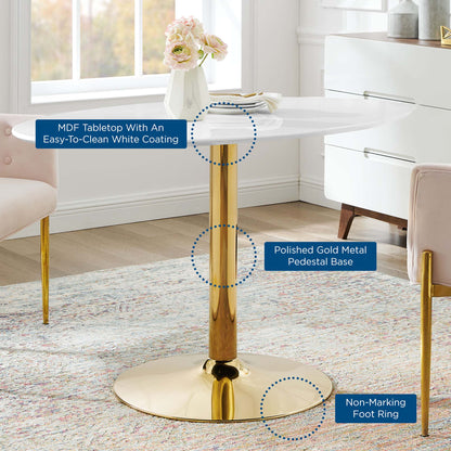 Round white MDF tabletop with easy-clean coating on a polished gold pedestal base with non-marking feet.