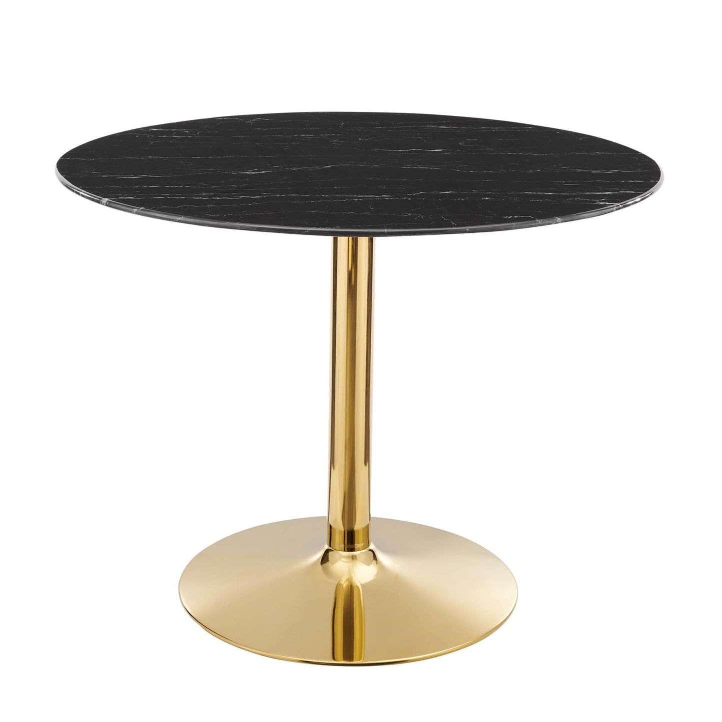 Round black marble-top dining table with a gold metal pedestal and round gold base