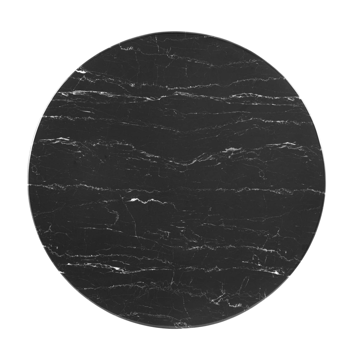 Round black marble tabletop with white veining, sleek modern circular surface.