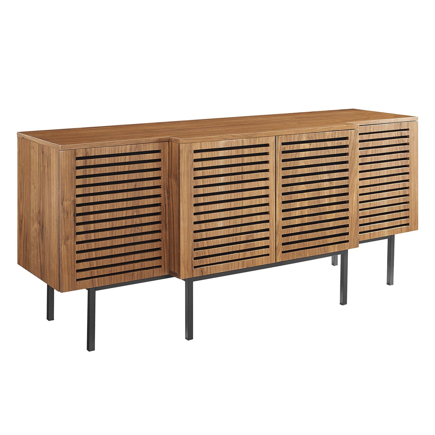 Walnut-finish sideboard with four louvered doors on slim metal legs, mid-century modern storage console.