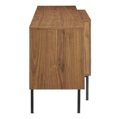 Walnut wood sideboard with slender black metal legs, mid-century modern storage cabinet.