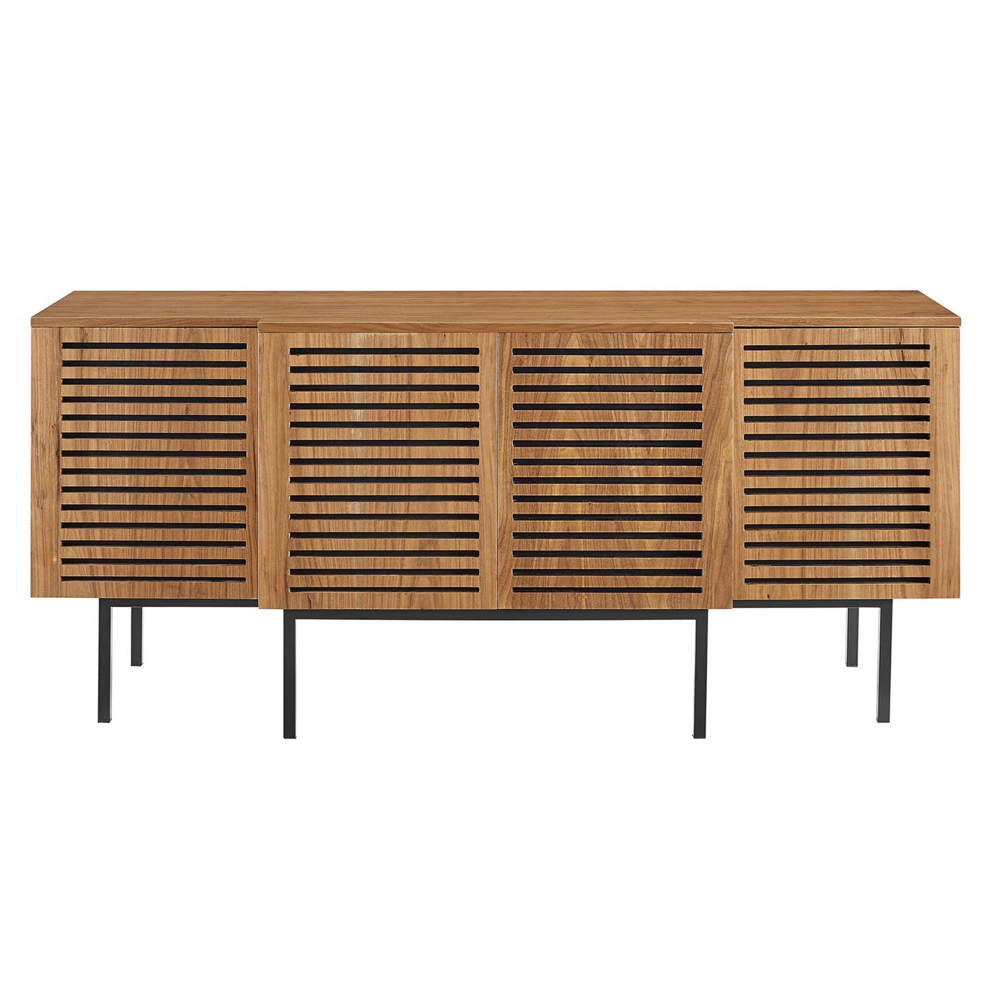 Walnut finish sideboard with four slatted cabinet doors and slim black metal legs.