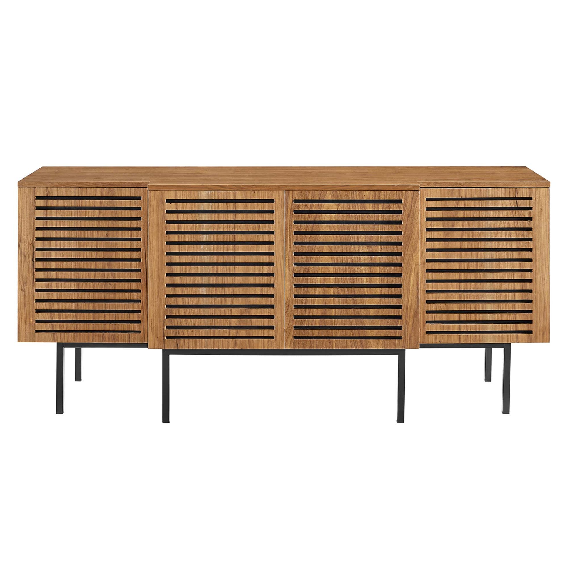 Walnut finish sideboard with four slatted cabinet doors and slim black metal legs.