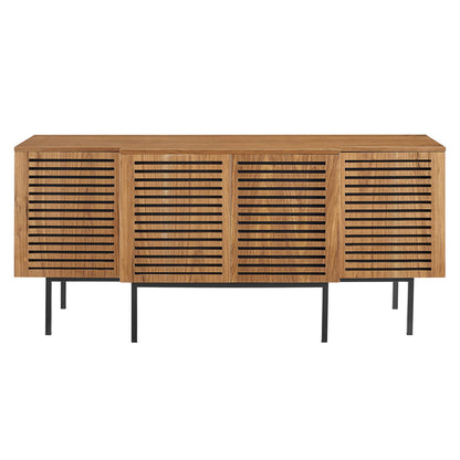 Walnut finish sideboard with four slatted cabinet doors and slim black metal legs.